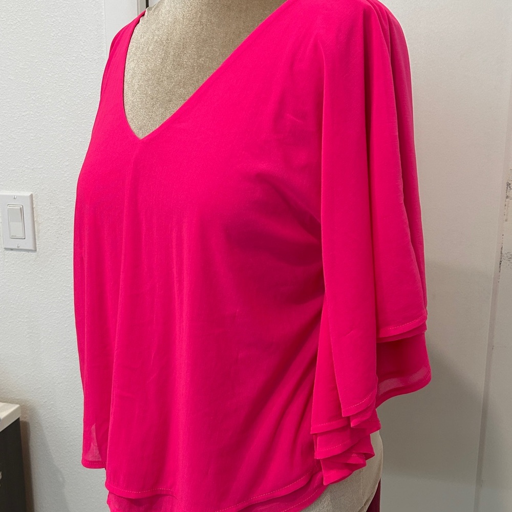 Jennifer Lopez Hot Pink Double Layered Bat Wing Blouse |Size Large - Picture 4 of 11
